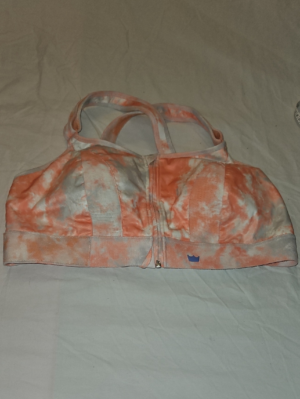 SHEFIT Front-Zip Tie-Dye Sports Bra in Peach and White